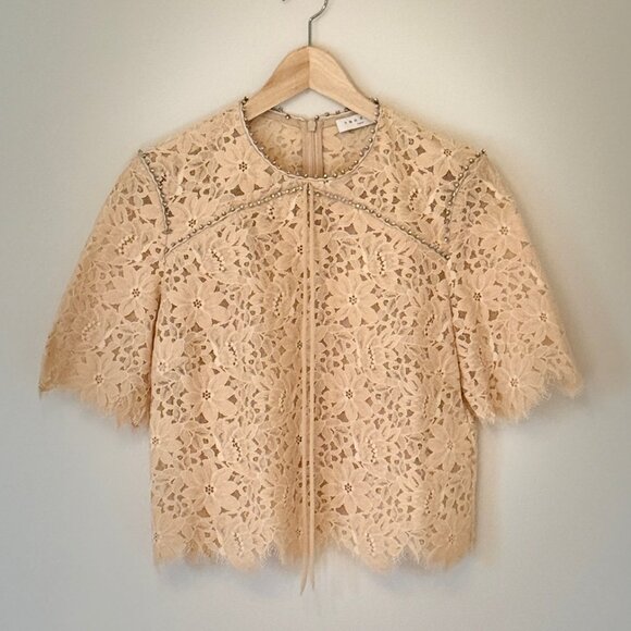 Sandro Paris Utopie Crystal-Trimmed Corded Lace Top in Beige (size 1 - Small) - Picture 10 of 13